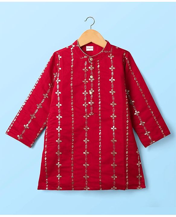 Babyhug Woven Full Sleeves Kurta Pajama Set With Floral & Sequin Embroidered - Red