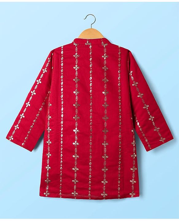 Babyhug Woven Full Sleeves Kurta Pajama Set With Floral & Sequin Embroidered - Red