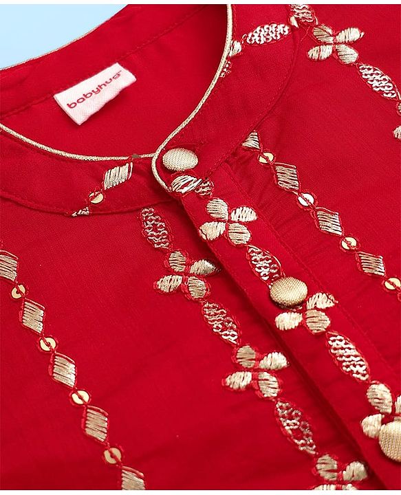 Babyhug Woven Full Sleeves Kurta Pajama Set With Floral & Sequin Embroidered - Red