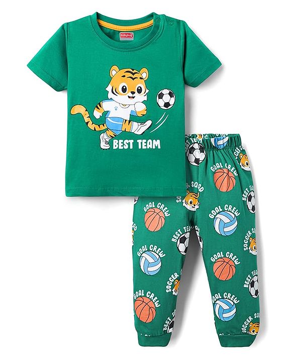 Babyhug Cotton Knit Half Sleeves Night Suit With Tiger Print - Green