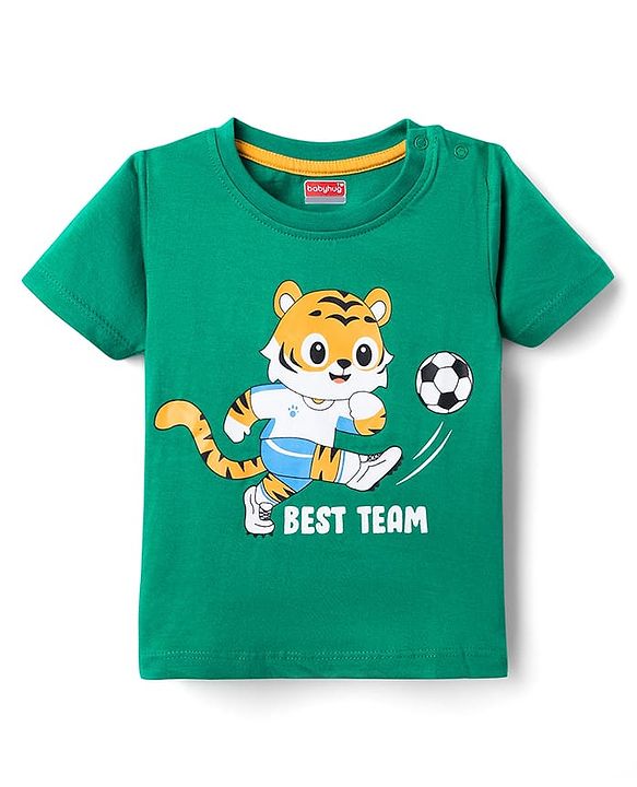 Babyhug Cotton Knit Half Sleeves Night Suit With Tiger Print - Green
