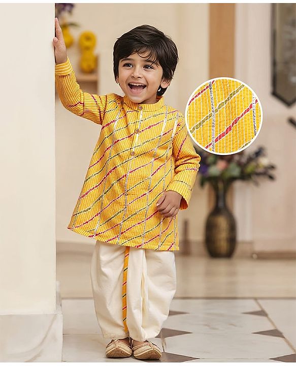 Babyhug Woven Mandarin Collar Full Sleeves Kurta Dhoti Set With Textured Print - Yellow