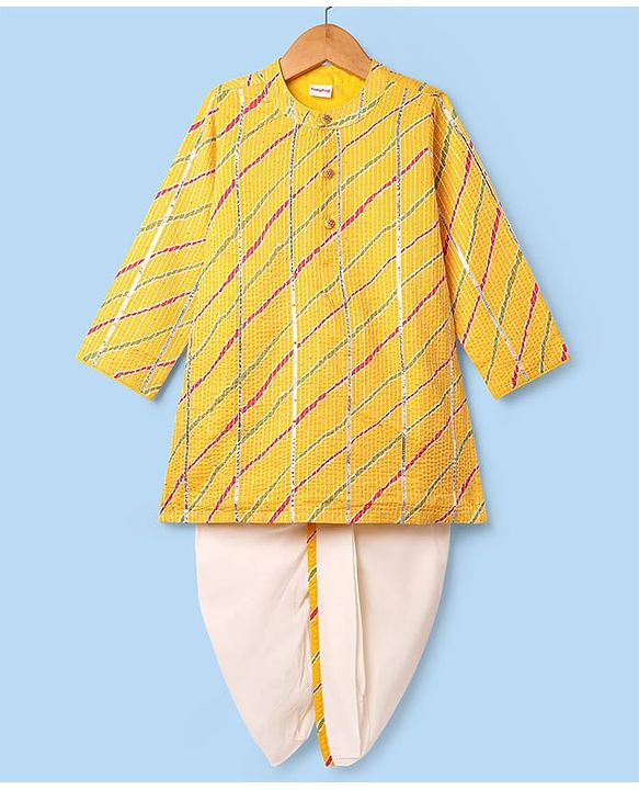 Babyhug Woven Mandarin Collar Full Sleeves Kurta Dhoti Set With Textured Print - Yellow