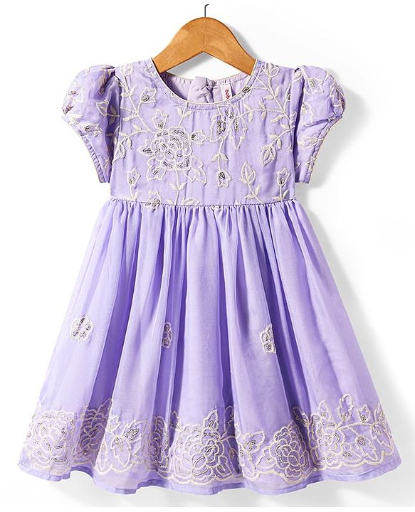Babyhug Woven Full Length Half Sleeves Ethnic Dress With Floral Embriodery - Lavender