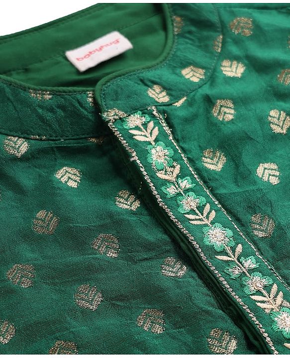 Babyhug Woven Full Sleeves Mandarin Collared Kurta & Dhoti Set With Foil Print - Green