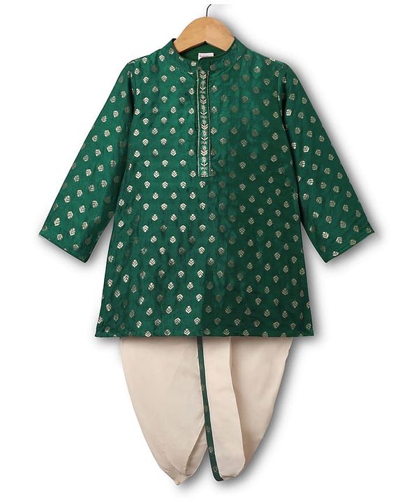 Babyhug Woven Full Sleeves Mandarin Collared Kurta & Dhoti Set With Foil Print - Green