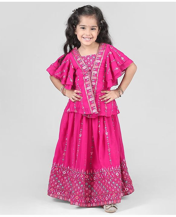 Babyhug Woven Half Sleeves Georgett Embroidered Choli Lehenga With Shrug Set - Fuschia