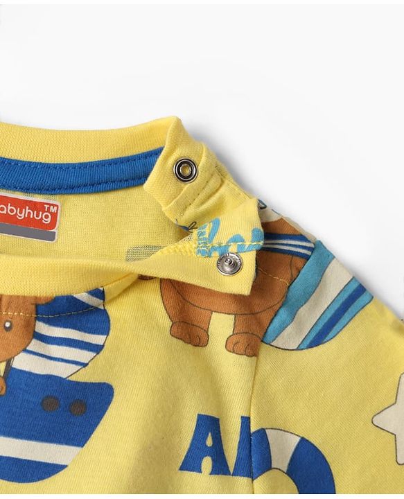 Babyhug Cotton Knit Half Sleeves Co-Ord Night Suit With Teddy Bear Print - Yellow