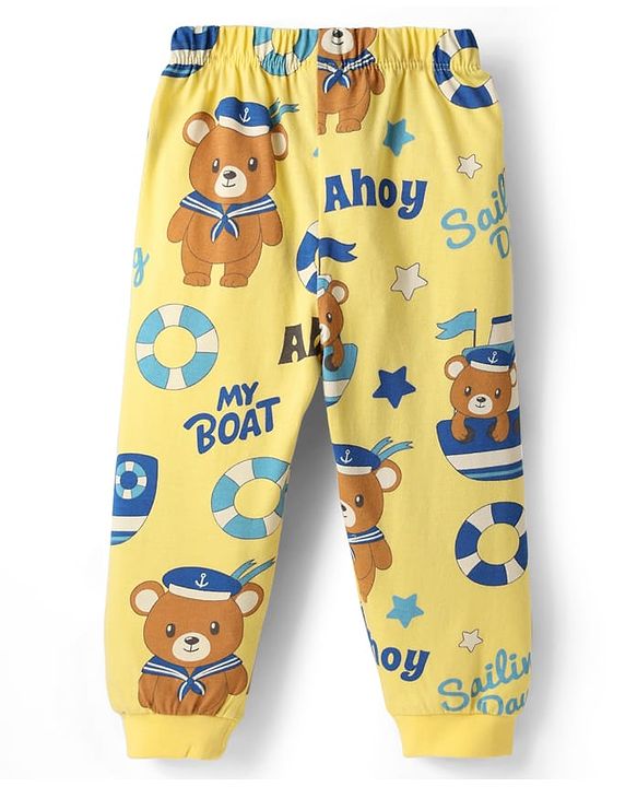 Babyhug Cotton Knit Half Sleeves Co-Ord Night Suit With Teddy Bear Print - Yellow