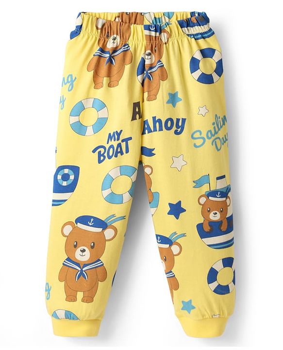Babyhug Cotton Knit Half Sleeves Co-Ord Night Suit With Teddy Bear Print - Yellow