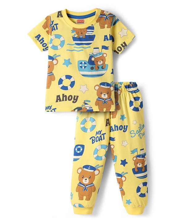 Babyhug Cotton Knit Half Sleeves Co-Ord Night Suit With Teddy Bear Print - Yellow