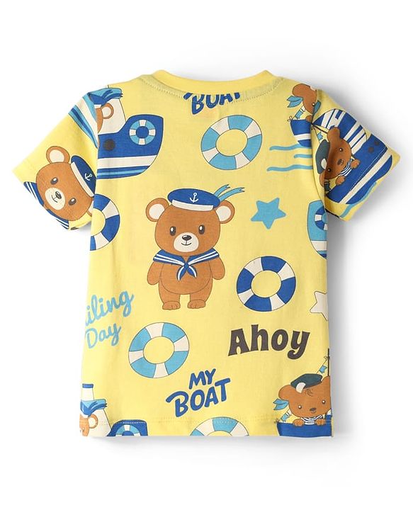 Babyhug Cotton Knit Half Sleeves Co-Ord Night Suit With Teddy Bear Print - Yellow