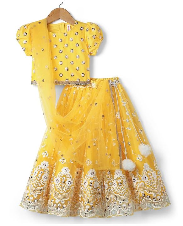 Babyhug Woven Half Puffed Sleeves Choli Lehenga Set with Dupatta Floral Embroidery & Sequin Detailing - Yellow