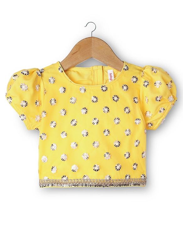 Babyhug Woven Half Puffed Sleeves Choli Lehenga Set with Dupatta Floral Embroidery & Sequin Detailing - Yellow
