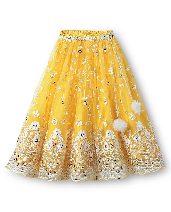 Babyhug Woven Half Puffed Sleeves Choli Lehenga Set with Dupatta Floral Embroidery & Sequin Detailing - Yellow