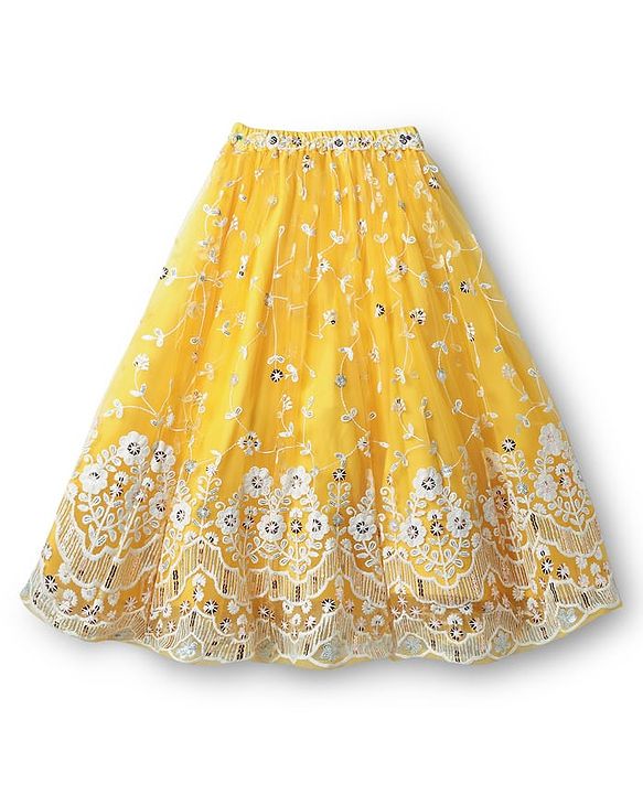 Babyhug Woven Half Puffed Sleeves Choli Lehenga Set with Dupatta Floral Embroidery & Sequin Detailing - Yellow