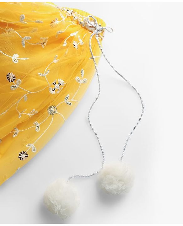 Babyhug Woven Half Puffed Sleeves Choli Lehenga Set with Dupatta Floral Embroidery & Sequin Detailing - Yellow