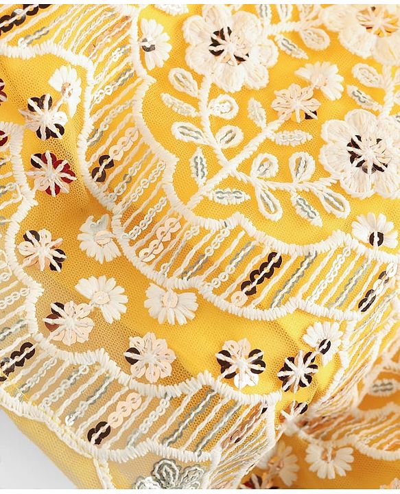 Babyhug Woven Half Puffed Sleeves Choli Lehenga Set with Dupatta Floral Embroidery & Sequin Detailing - Yellow