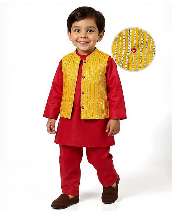 Babyhug 100% Cotton Woven Full Sleeves Kurta & Pyjama Set Floral Print - Red main image 0