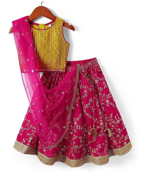 Babyhug Woven Sleeveless Lehenga Choli & Dupatta With Floral & Sequin Embriodery - Fuschia
