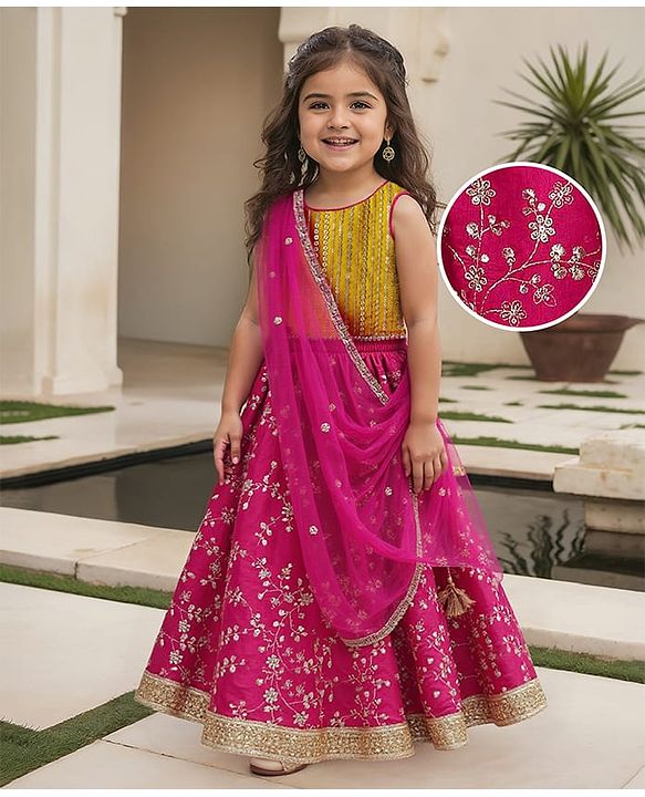 Babyhug Woven Sleeveless Lehenga Choli & Dupatta With Floral & Sequin Embriodery - Fuschia