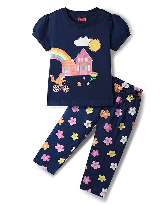 Babyhug Cotton Knit Half Sleeves Night Suit With Fox & Floral Print - Navy Blue