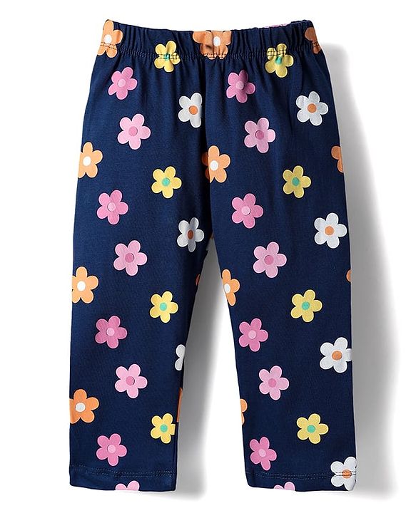 Babyhug Cotton Knit Half Sleeves Night Suit With Fox & Floral Print - Navy Blue