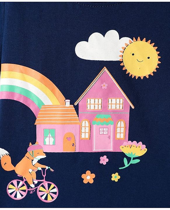 Babyhug Cotton Knit Half Sleeves Night Suit With Fox & Floral Print - Navy Blue