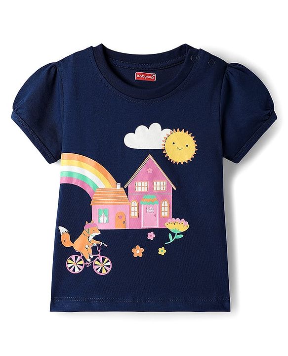 Babyhug Cotton Knit Half Sleeves Night Suit With Fox & Floral Print - Navy Blue