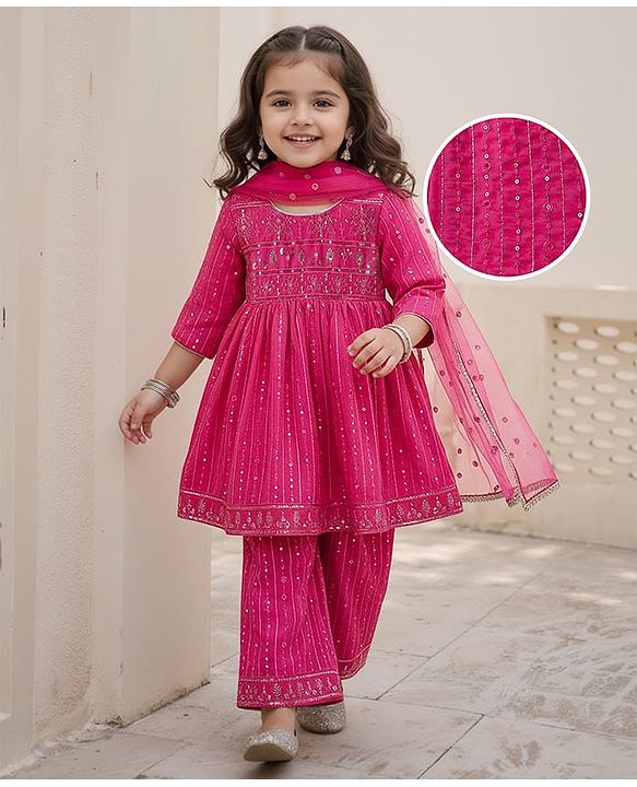 Babyhug Woven Full Sleeves Kurti Palazzo & Dupatta Set With Sequin Embriodery - Pink