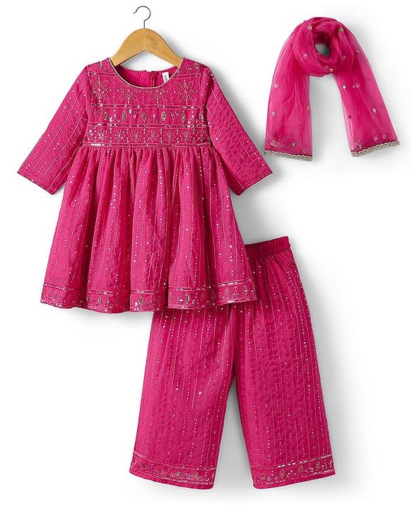 Babyhug Woven Full Sleeves Kurti Palazzo & Dupatta Set With Sequin Embriodery - Pink