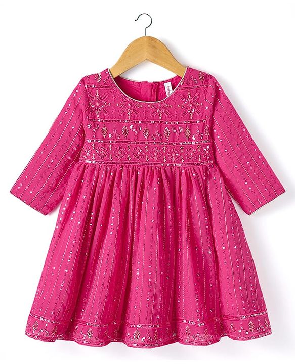 Babyhug Woven Full Sleeves Kurti Palazzo & Dupatta Set With Sequin Embriodery - Pink
