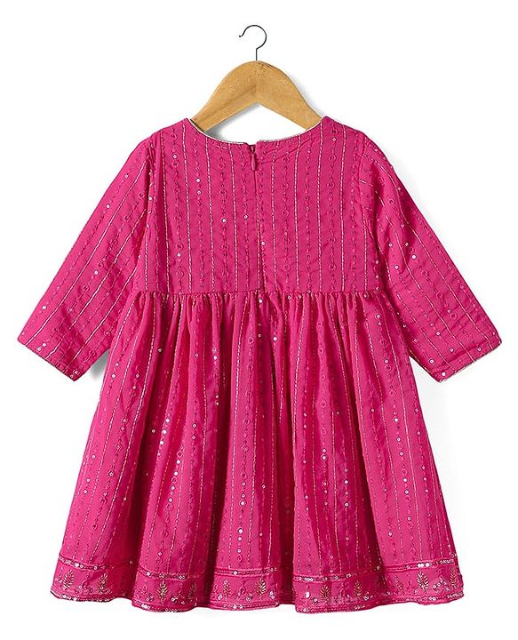 Babyhug Woven Full Sleeves Kurti Palazzo & Dupatta Set With Sequin Embriodery - Pink