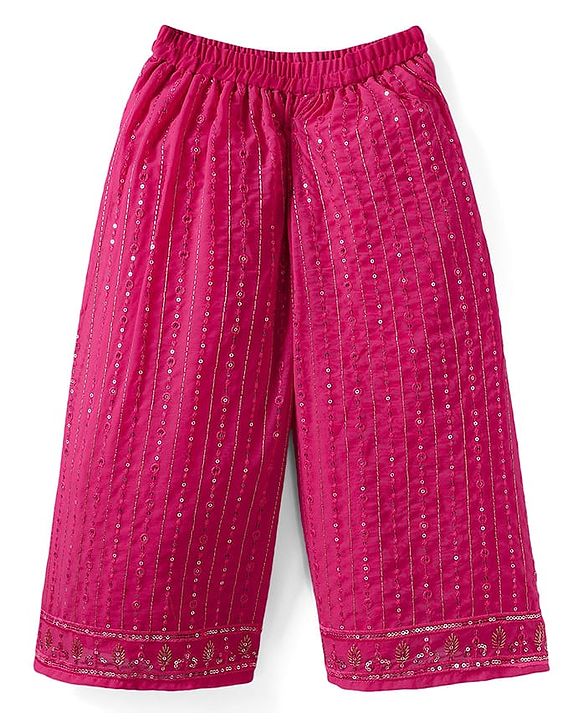 Babyhug Woven Full Sleeves Kurti Palazzo & Dupatta Set With Sequin Embriodery - Pink