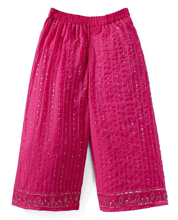 Babyhug Woven Full Sleeves Kurti Palazzo & Dupatta Set With Sequin Embriodery - Pink