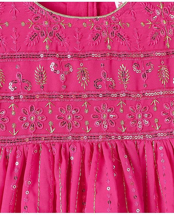 Babyhug Woven Full Sleeves Kurti Palazzo & Dupatta Set With Sequin Embriodery - Pink
