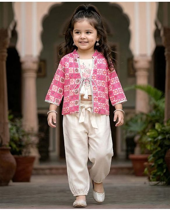 Babyhug Woven Full Sleeves Indo Western Set With Jacket & Floral Print - Pink & White