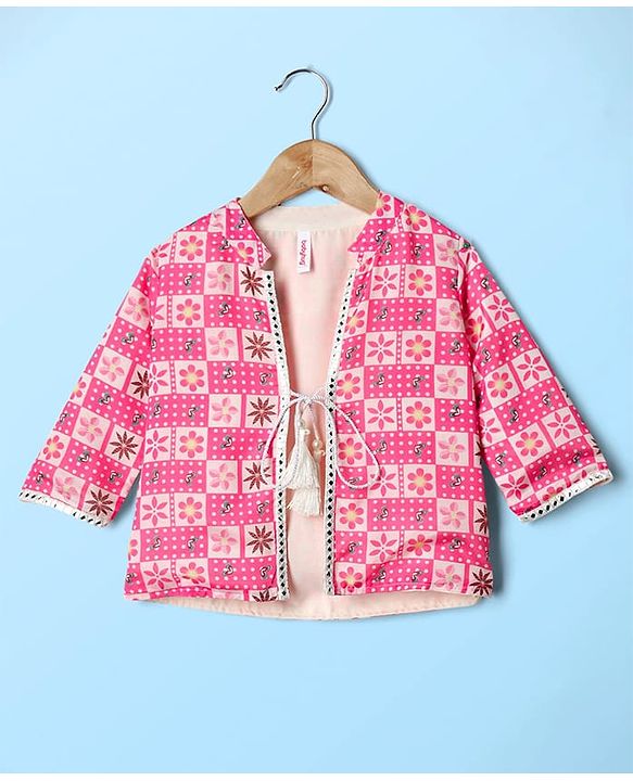 Babyhug Woven Full Sleeves Indo Western Set With Jacket & Floral Print - Pink & White