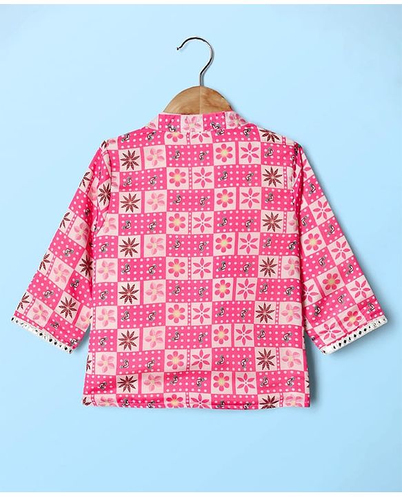 Babyhug Woven Full Sleeves Indo Western Set With Jacket & Floral Print - Pink & White
