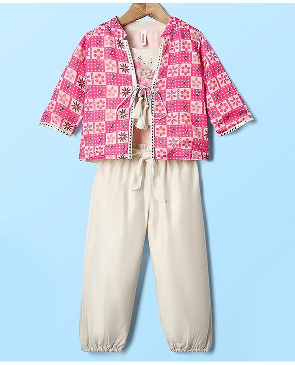 Babyhug Woven Full Sleeves Indo Western Set With Jacket & Floral Print - Pink & White