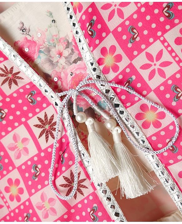 Babyhug Woven Full Sleeves Indo Western Set With Jacket & Floral Print - Pink & White