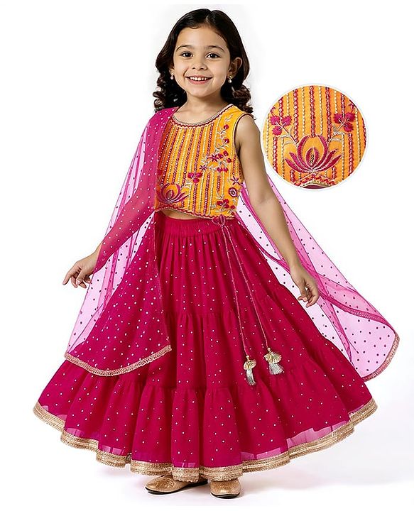 Babyhug Woven Sleeveless Lehenga Choli & Dupatta Set With Floral Embroidery - Fuschia & Yellow