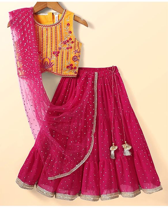 Babyhug Woven Sleeveless Lehenga Choli & Dupatta Set With Floral Embroidery - Fuschia & Yellow