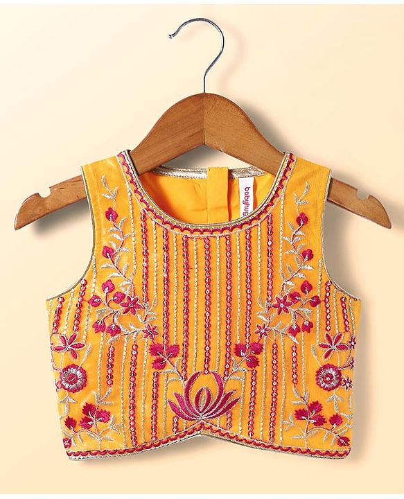 Babyhug Woven Sleeveless Lehenga Choli & Dupatta Set With Floral Embroidery - Fuschia & Yellow