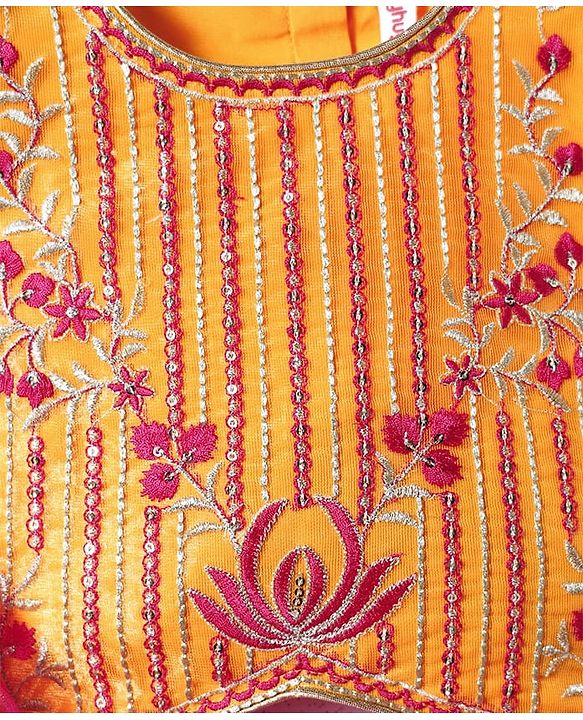 Babyhug Woven Sleeveless Lehenga Choli & Dupatta Set With Floral Embroidery - Fuschia & Yellow