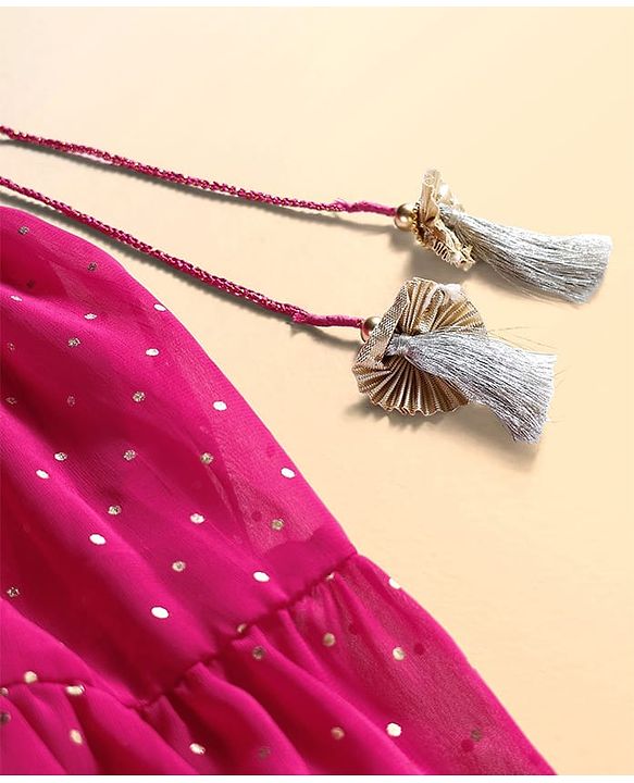Babyhug Woven Sleeveless Lehenga Choli & Dupatta Set With Floral Embroidery - Fuschia & Yellow