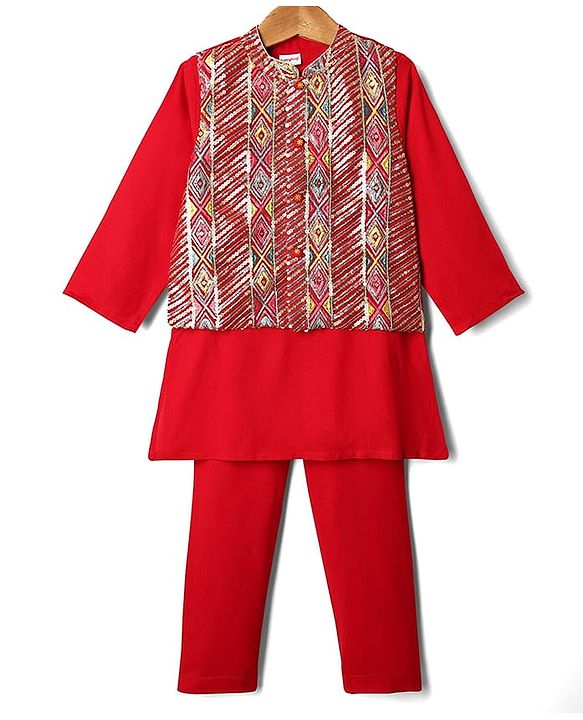 Babyhug Cotton Woven Full Sleeves Kurta & Pajama Set with Sequined & Embroidered Jacket - Red