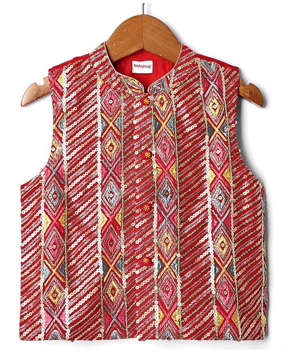 Babyhug Cotton Woven Full Sleeves Kurta & Pajama Set with Sequined & Embroidered Jacket - Red