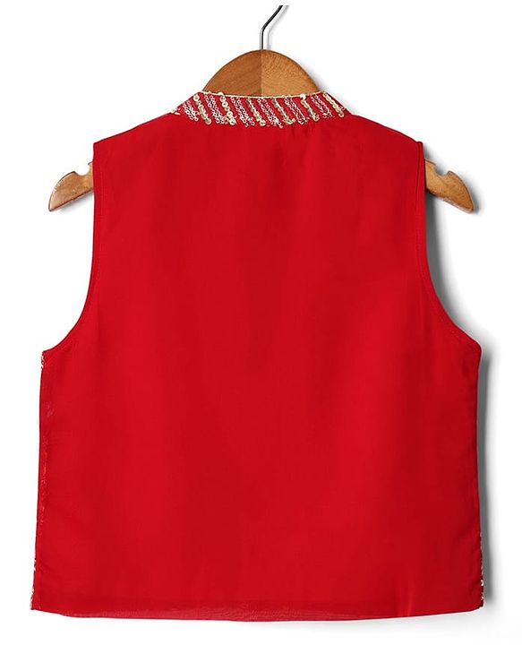Babyhug Cotton Woven Full Sleeves Kurta & Pajama Set with Sequined & Embroidered Jacket - Red