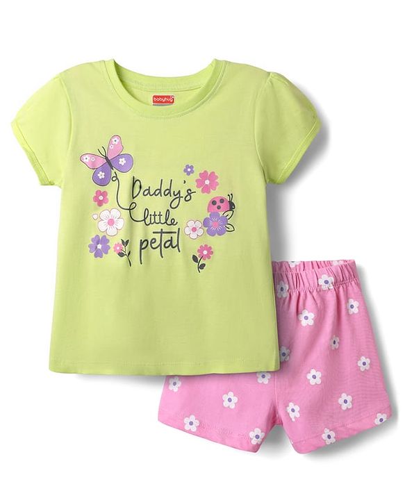 Babyhug Cotton Knit Half Sleeves Shorts Night Suit With Floral Print - Light Green & Pink